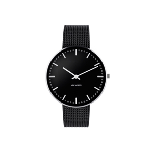Arne Jacobsen - City Hall Watch - Ø40 - Schwarzes Zifferblatt, schwarzes Mesh-Armband, IP schwarz gebürsteter oberer Ring